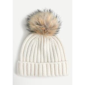 J Crew Cashmere Blend Ribbed Pom Pom Beanie in Ivory